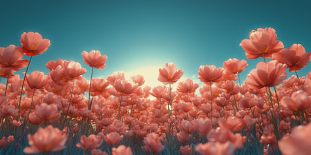 A field filled with vibrant pink flowers stretches toward the horizon, illuminated by the warm glow of the setting sun, creating a tranquil and picturesque atmosphere.の素材