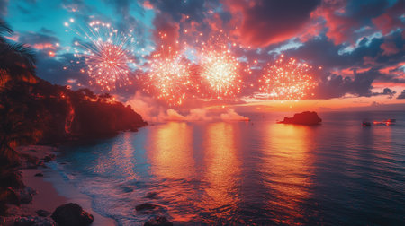 Colorful fireworks burst in the sky over a harbor filled with boats as the sun sets, casting a warm glow across the water and creating a spectacular evening atmosphere.の素材