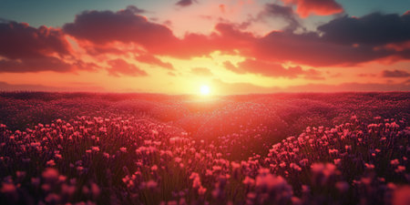 Lavender plants bloom in a stunning field, illuminated by warm, golden sunlight during the evening. Soft bokeh creates a magical atmosphere, enhancing the beauty of nature.の素材