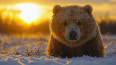 A grizzly bear sits quietly on the snow-covered ground as the sun sets, casting a warm glow. The peaceful winter scene captures the beauty of wildlife in its natural habitat.の素材