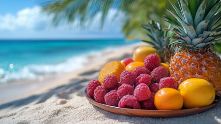 A vibrant assortment of fruits, including raspberries, lemons, and pineapples, is placed on a wooden plate on sandy beach. Clear blue ocean waves gently lap at the shore.の素材