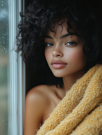 A young woman wrapped in a soft, warm sweater looks pensively out a window. Raindrops clinging to the glass as she enjoys a quiet moment on a dreary day.の素材