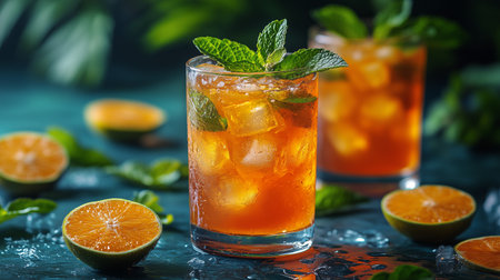Three elegant cocktails featuring blood orange slices and fresh mint leaves are arranged on a turquoise surface, accompanied by berries and lemon wedges for a refreshing summer vibe.の素材