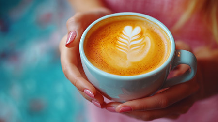 A person holds a light blue cup filled with latte art featuring a heart shape on a creamy surface. The cozy atmosphere enhances the delightful coffee experience.の素材