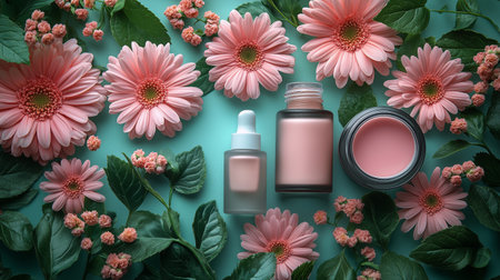 Eight bottles filled with cosmetics are neatly arranged among an assortment of vibrant flowers and greenery, creating a visually appealing display in natural light.の素材