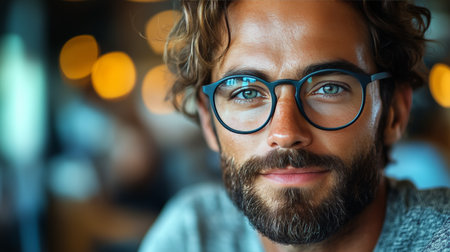 A young man with curly hair and glasses sits at a table, sporting a gentle smile. Warm light and blurred figures create a relaxed atmosphere in the caf.の素材