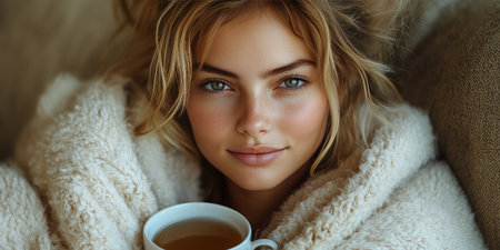 A young woman with curly hair and striking blue eyes relaxes while holding a cup of warm tea. She is wrapped in a soft blanket, creating a serene atmosphere during winter.の素材