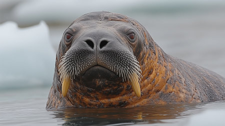 A walrus emerges from the icy waters of the Arctic. Its large body rests on ice while showing long tusks and prominent whiskers under bright sunlight.の素材
