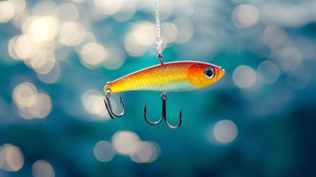 A vibrant fishing lure with a shiny finish dangles from a fishing line above the sparkling blue water, showing its reflective qualities under bright sunlight.の素材