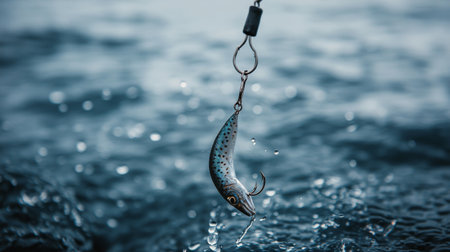 A colorful fishing lure hangs from a hook, hovering just above the surface of the water, reflecting the soft light of dawn. The surroundings are serene and tranquil, ideal for fishing.の素材