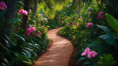 A winding pathway leads through a thriving tropical forest, surrounded by dense greenery and colorful flowers. Sunlight filters through the towering trees, creating a serene atmosphere.の素材