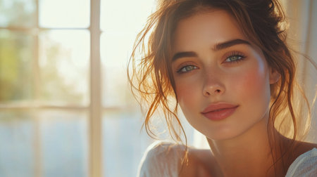 A woman with wavy hair sits near a large window, sunlight illuminating her features. The scene showcases a serene natural backdrop, enhancing the peaceful ambiance.の素材