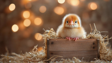 A small yellow chick is comfortably nestled in a wooden crate filled with straw. Soft, warm light from sunset creates a cozy atmosphere, highlighting the chick's adorable features.の素材