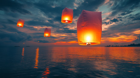 Floating lanterns create a magical atmosphere over a serene beach at sunset, as warm light reflects off calm waters and clouds drift by, enveloping the scene in beauty and peace.の素材