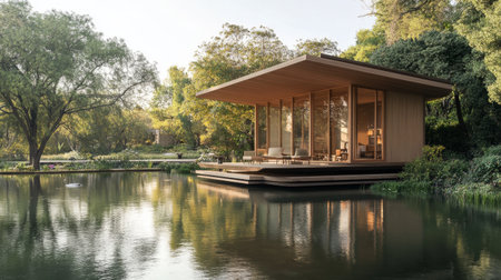A modern pavilion stands gracefully on stilts over a serene pond, surrounded by lush greenery. Morning light enhances the peaceful atmosphere and reflections on the water.の素材