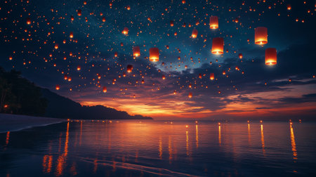 Floating lanterns create a magical atmosphere over a serene beach at sunset, as warm light reflects off calm waters and clouds drift by, enveloping the scene in beauty and peace.の素材
