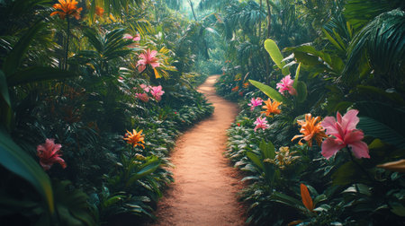 A winding pathway leads through a thriving tropical forest, surrounded by dense greenery and colorful flowers. Sunlight filters through the towering trees, creating a serene atmosphere.の素材