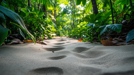 Bare footprints and paw prints are visible on a sandy trail winding through a vibrant jungle, showing the beauty of nature and wildlife in the daytime.の素材