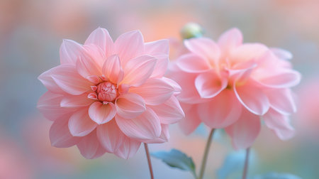 Delicate pink dahlia flowers showcase their intricate petals under soft sunlight, creating a serene and tranquil atmosphere in a garden.の素材