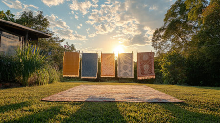 Colorful rugs hang from a clothesline against a striking sunset backdrop. Soft grass and fluffy clouds create a peaceful atmosphere in the garden during early evening.の素材
