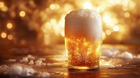 A clear glass filled with golden beer sits on a wooden table, its frothy head glistening. Warm lights in the background create a cozy atmosphere, enhancing the drink's appeal.の素材