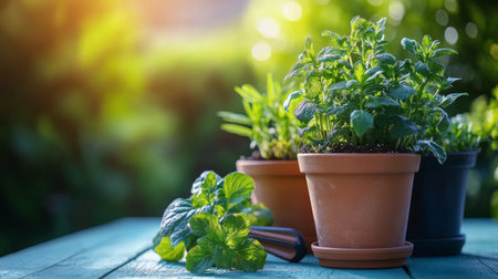 Various pots filled with garden herbs and flowering plants are neatly aligned against a soft blue background, paired with gardening tools ready for use.の素材