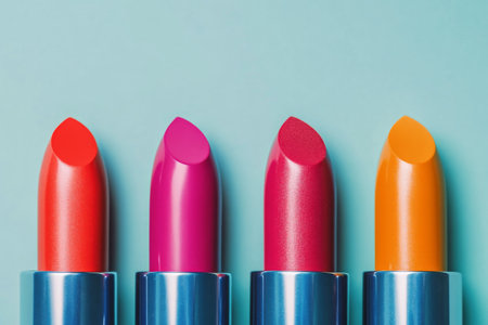 Bright lip colors are displayed in a gradient from blue to pink against a vibrant background. The arrangement highlights the striking variety of shades and textures.の素材