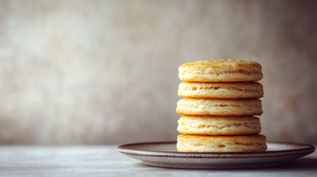 A plate holds freshly baked flaky golden pastries, perfectly risen and glistening. Green herbs add a vibrant touch, enhancing the appetizing display of this delightful treat.の素材