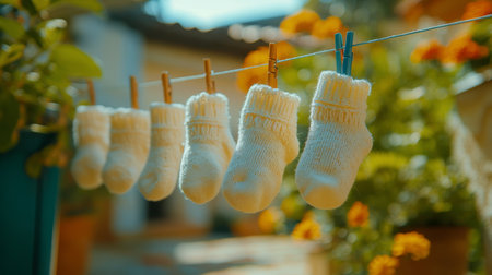 Soft white baby socks are neatly hung on a clothesline, gently swaying in a sunny garden filled with colorful flowers and greenery, creating a warm and cheerful atmosphere.の素材