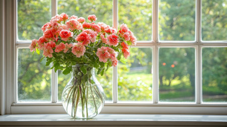 Bright flowers in a vase are placed on a windowsill, with sunlight streaming in. The outdoor landscape features green fields and a clear blue sky, creating a serene atmosphere.の素材