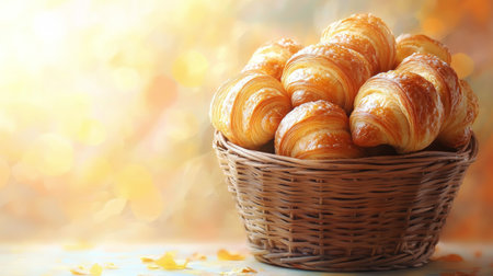 A basket filled with warm, golden-brown croissants sits against a soft pastel pink background. The flaky pastries are inviting and perfect for breakfast or a snack.の素材