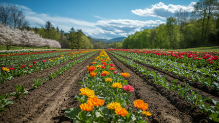 Rows of vibrant flowers bloom in a countryside farm during spring, with a charming barn in the distance and clear blue skies visible above the colorful landscape.の素材