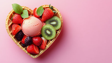 A delightful ice cream cone is adorned with smooth yellow ice cream and fresh strawberries, surrounded by slices of kiwi on a vibrant yellow backdrop, inviting a summer treat.の素材