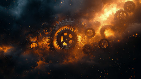 Gears and cogs float amidst blazing flames and smoke, creating a dynamic and dramatic atmosphere, evoking a sense of industrial power and chaos.の素材