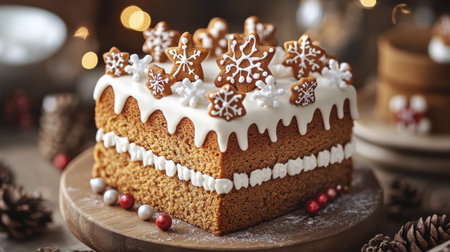 A beautifully decorated cake features winter-themed designs, including snowflakes and berries, set against a cozy backdrop with holiday decorations and soft lighting.の素材
