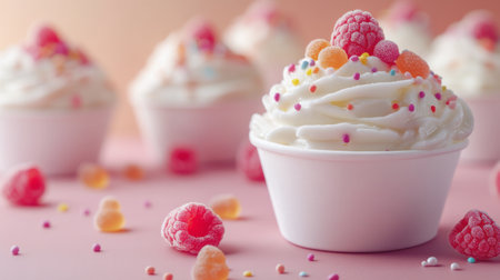 A vibrant dessert is decorated with various gummy candies and colorful sprinkles in a pink background. This delightful treat invites sweet indulgence and joy.の素材