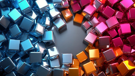A complex arrangement of shiny cubes in varying sizes creates a three-dimensional effect, highlighted by glowing red elements.の素材