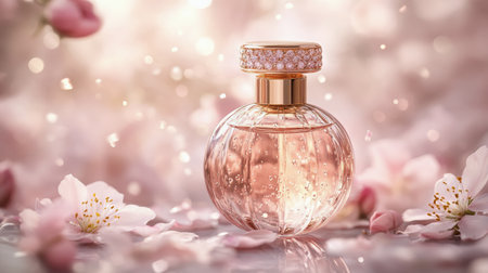 A luxurious perfume bottle sits gracefully among blooming pink flowers, reflecting soft light that creates an enchanting atmosphere, ideal for capturing beauty and elegance.の素材