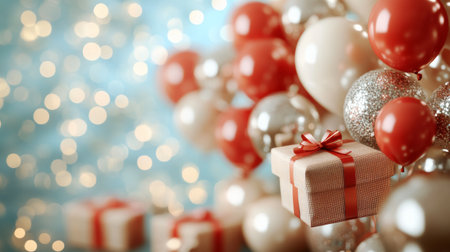 Bright balloons in pink and blue surround two beautifully wrapped gifts as soft snowflakes fall, adding to the cheerful party ambiance during a winter celebration.の素材