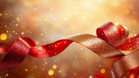 A shimmering red ribbon curls elegantly on a surface, with soft golden lights shimmering in the background, enhancing the celebratory mood of the setting.の素材