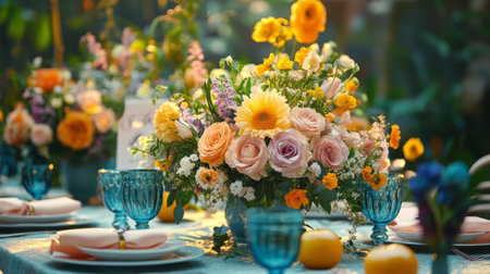 A vibrant table is decorated with colorful floral arrangements and elegant glassware in a bright, sunlit garden setting, perfect for a celebration or gathering.の素材