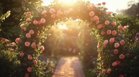 A stunning arch covered with blooming roses frames a pathway in a beautiful garden during the golden hour, creating an inviting atmosphere for visitors.の素材
