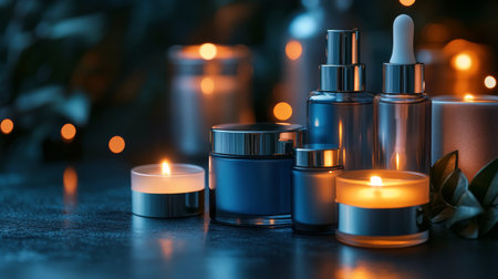 A tranquil setup features golden containers of essential oils and candles arranged beautifully against a textured blue background, creating a calming atmosphere for relaxation.の素材