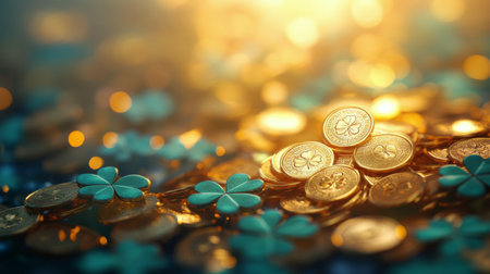 Golden coins are scattered across a bed of clovers, glistening brilliantly in the soft, warm light of late afternoon, creating a scene of tranquility and fortune.の素材