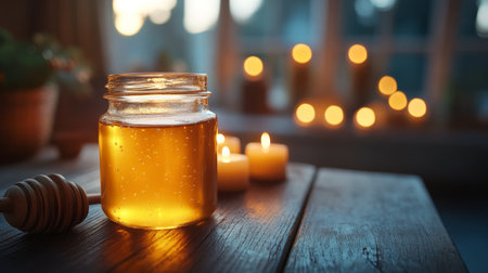 A jar candle and several pillar candles glow softly on a wooden table as the sun sets, creating a warm and inviting atmosphere filled with tranquility and warmth.の素材