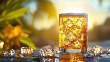 A cold drink filled with ice is joyfully displayed in a clear glass, surrounded by vibrant green leaves and warm sunlight, perfect for a warm afternoon.の素材
