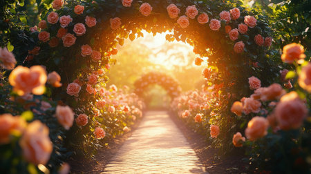A stunning arch covered with blooming roses frames a pathway in a beautiful garden during the golden hour, creating an inviting atmosphere for visitors.の素材