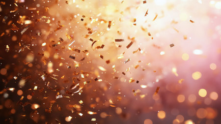 Shimmering golden confetti floats through the air, creating a joyful atmosphere during a celebration, illuminated by warm light. The vibrant colors enhance the festive mood.の素材