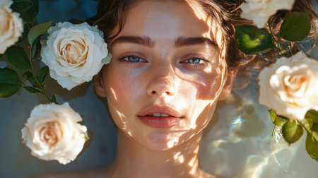 A girl lies on a bed of fresh white roses, her face illuminated with a calm expression. The delicate flowers contrast with her brunette hair, creating a tranquil atmosphere.の素材