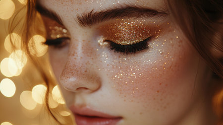 A woman poses with her eyes closed, showcasing stunning golden makeup on her eyelids and lips. The background is filled with a soft golden shimmer, enhancing her radiant look.の素材